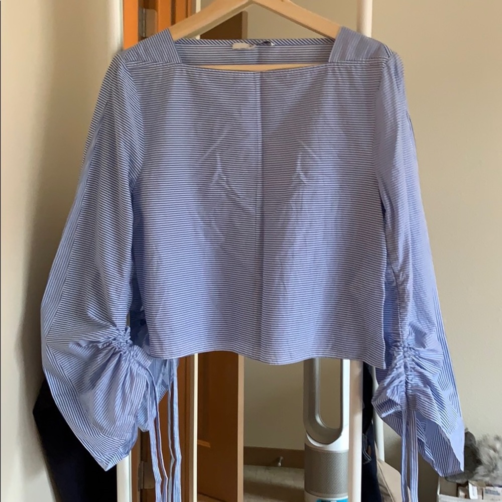 Tibi Blue and White Striped Long Sleeve Top